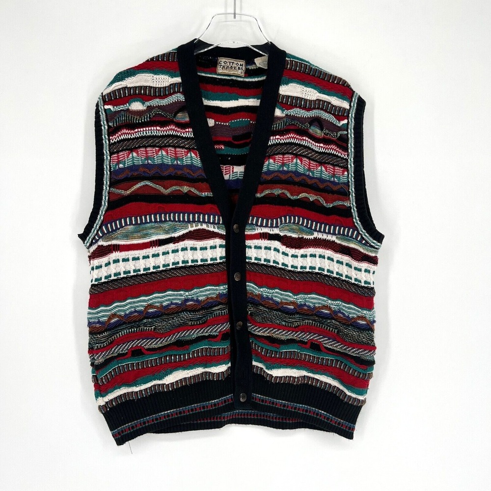 Vtg 3D Knit Sweater Vest Mens L Striped Grandpa‎ 90s Textured Cotton Traders